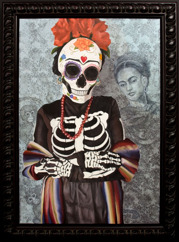 Image of Day of the Dead Painting in Wood Picture Frame